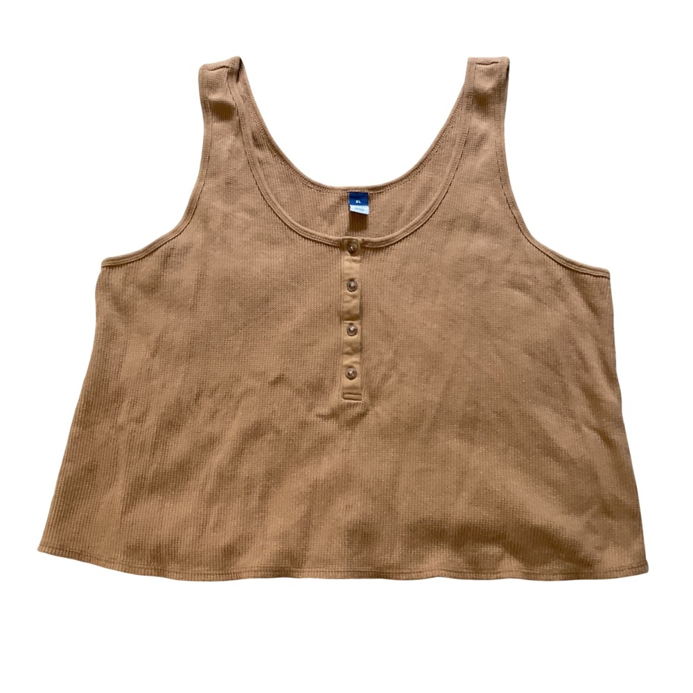 Old Navy Womens XL Tan Waffle Knit Henley Tank Top Brown Sleeveless Thermal Top